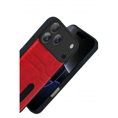 Mey İthalat® iPhone 17 Pro Sara Kartvizitli Deri Kılıf - Kırmızı