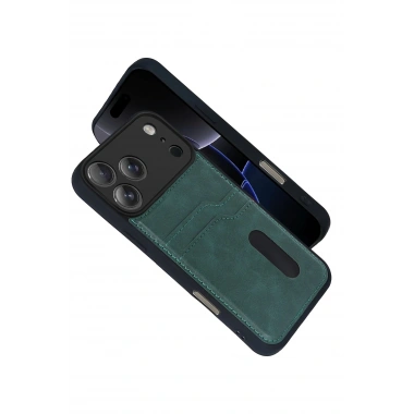 Mey İthalat® iPhone 17 Pro Sara Kartvizitli Deri Kılıf - Yeşil