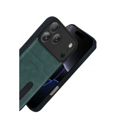Mey İthalat® iPhone 17 Pro Sara Kartvizitli Deri Kılıf - Yeşil