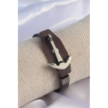 Mey İthalat® Kahverengi Deri Model Gümüş Renk Çapa Figür Erkek Bileklik