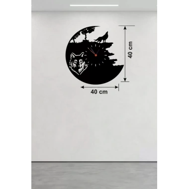 Mey İthalat® Kurt Temalı Lazer Kesim Ahşap Duvar Saati - 40x40 cm Dekoratif