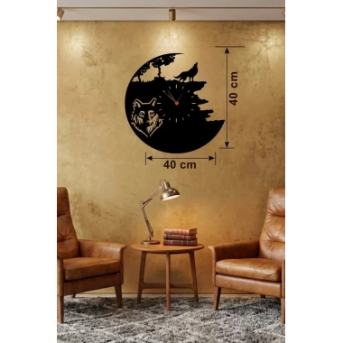 Mey İthalat® Kurt Temalı Lazer Kesim Ahşap Duvar Saati - 40x40 cm Dekoratif