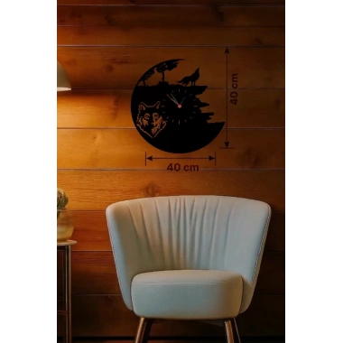 Mey İthalat® Kurt Temalı Lazer Kesim Ahşap Duvar Saati - 40x40 cm Dekoratif