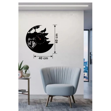 Mey İthalat® Kurt Temalı Lazer Kesim Ahşap Duvar Saati - 40x40 cm Dekoratif