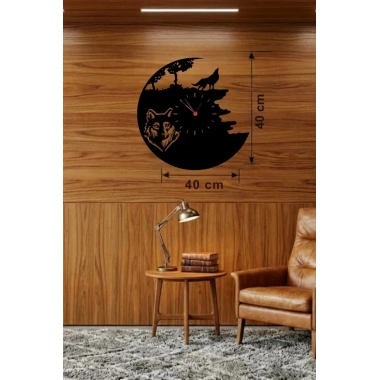 Mey İthalat® Kurt Temalı Lazer Kesim Ahşap Duvar Saati - 40x40 cm Dekoratif