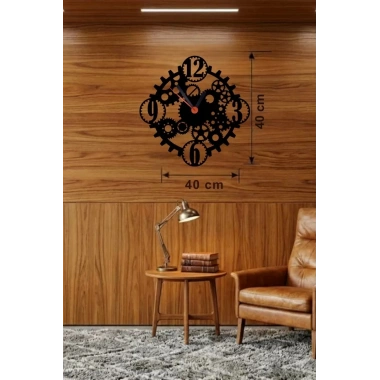 Mey İthalat® Mekanik Dişli Çark Tasarım Ahşap Duvar Saati - 40x40 cm Steampunk Dekor