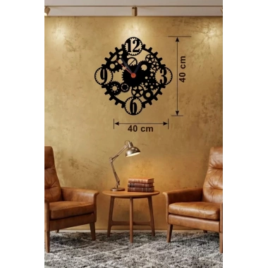 Mey İthalat® Mekanik Dişli Çark Tasarım Ahşap Duvar Saati - 40x40 cm Steampunk Dekor