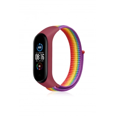 Mey İthalat®   Mi Band 4 Hasırlı Cırtcırtlı Kordon - Gökkuşağı