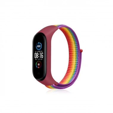 Mey İthalat®   Mi Band 4 Hasırlı Cırtcırtlı Kordon - Gökkuşağı