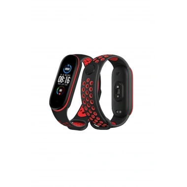 Mey İthalat®   Mi Band 6 Spor Delikli Kordon - Siyah-Kırmızı
