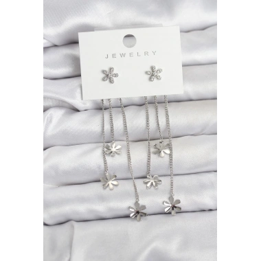 Mey İthalat® Papatya Model Gümüş Renk Pirinç Sallantılı Kadın Küpe