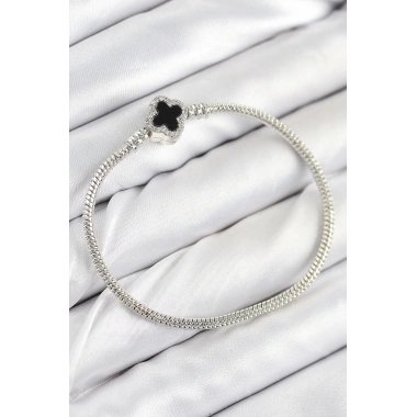 Mey İthalat® Pirinç Charm Zirkon Taşlı Yonca Model Gümüş Renk Kadın Bileklik