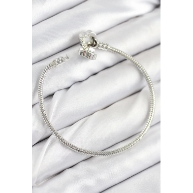 Mey İthalat® Pirinç Charm Zirkon Taşlı Yonca Model Gümüş Renk Kadın Bileklik