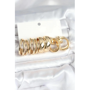 Mey İthalat® Pirinç Gold Renk 3 Çift Vintage Kadın Küpe Seti