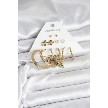 Mey İthalat® Pirinç Gold Renk 6 Çift Kadın Küpe Seti
