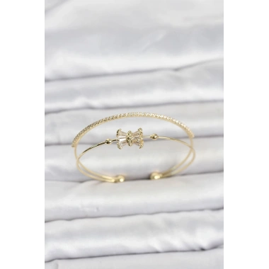 Mey İthalat® Pirinç Gold Renk Baget Zirkon Taşlı Objeli Kadın Bileklik