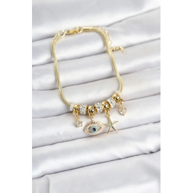 Mey İthalat® Pirinç Gold Renk Göz Model Charmlı Kadın Bileklik