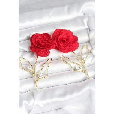 Mey İthalat® Pirinç Gold Renk Kırmızı Gül Model Kadın Küpe