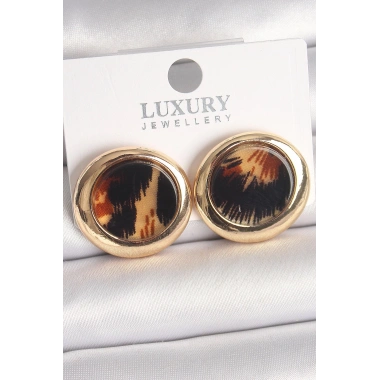 Mey İthalat® Pirinç Gold Renk Leopar Desen Daire Model Kadın Küpe