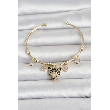 Mey İthalat® Pirinç Gold Renk Leopar Detaylı Charmlı Kadın Bileklik