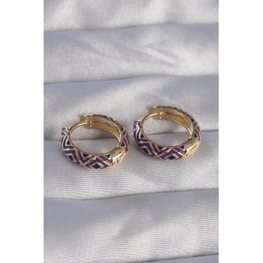 Mey İthalat® Pirinç Gold Renk Mor Etnik Desenli Halka Küpe
