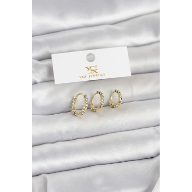 Mey İthalat® Pirinç Gold Renk Nazarlı Model 3lü Kadın Küpe