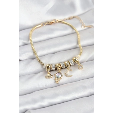 Mey İthalat® Pirinç Gold Renk Uzay Tema Charmlı Kadın Bileklik