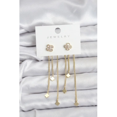 Mey İthalat® Pirinç Gold Renk Yonca Model Sallantılı Kadın Küpe
