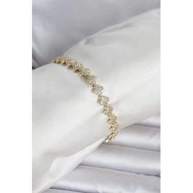 Mey İthalat® Pirinç Gold Renk Yonca Model Sıralı Zirkon Taşlı Kadın Bileklik