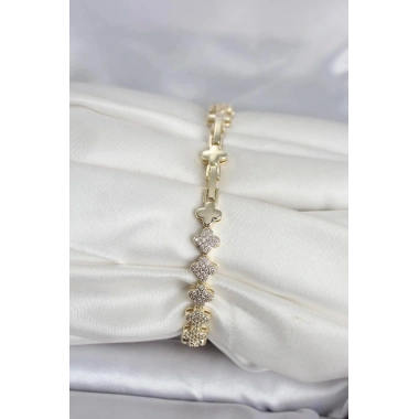 Mey İthalat® Pirinç Gold Renk Yonca Model Sıralı Zirkon Taşlı Kadın Bileklik