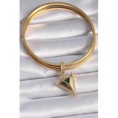 Mey İthalat® Pirinç Gold Renk Zirkon Taşlı 3D Üçgen Model Ajda Charm