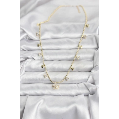 Mey İthalat® Pirinç Gold Renk Zirkon Taşlı Çiçek Model Kadın Kolye