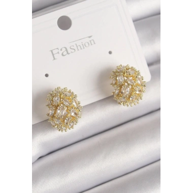 Mey İthalat® Pirinç Gold Renk Zirkon Taşlı Kadın Küpe