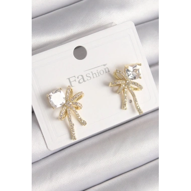 Mey İthalat® Pirinç Gold Renk Zirkon Taşlı Kurdele Model Kadın Küpe