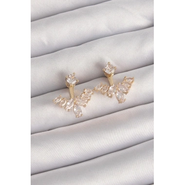 Mey İthalat® Pirinç Gold Renk Zirkon Taşlı V Model Küpe