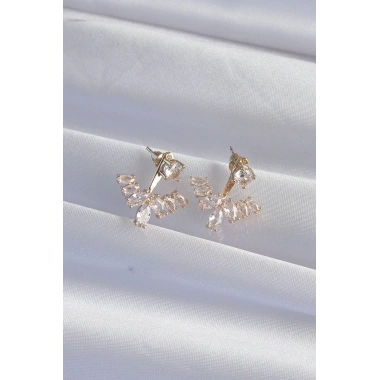 Mey İthalat® Pirinç Gold Renk Zirkon Taşlı V Model Küpe