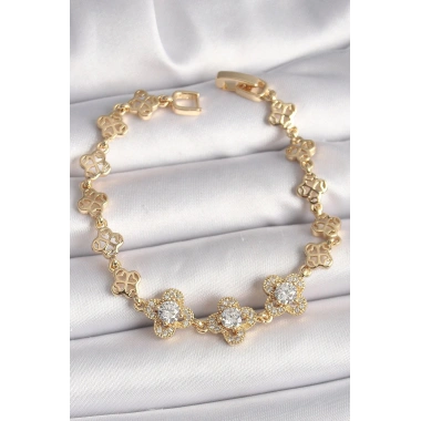 Mey İthalat® Pirinç Gold Renk Zirkon Taşlı Yonca Model Kadın Bileklik