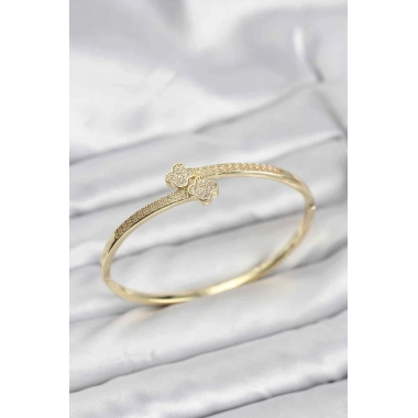 Mey İthalat® Pirinç Gold Renk Zirkon Taşlı Yonca Model Kadın Kelepçe Bileklik