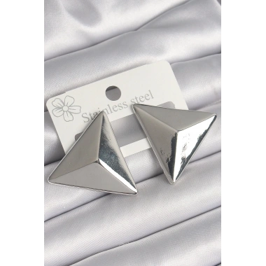 Mey İthalat® Pirinç Gümüş Renk 3D Üçgen Model Kadın Küpe