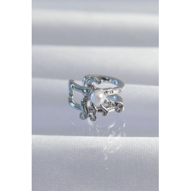 Mey İthalat® Pirinç Gümüş Renk İncili Ahtapot Earcuff Küpe