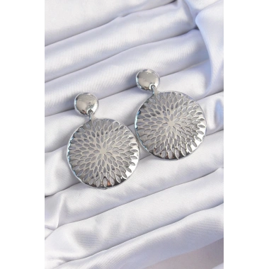 Mey İthalat® Pirinç Gümüş Renk Oval İşlemeli Küpe