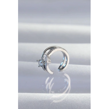 Mey İthalat® Pirinç Gümüş Renk Zirkon Taşlı Damla Earcuff Küpe