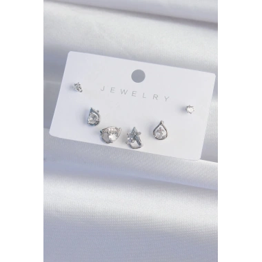 Mey İthalat® Pirinç Gümüş Renk Zirkon Taşlı Damla Model Küpe Seti