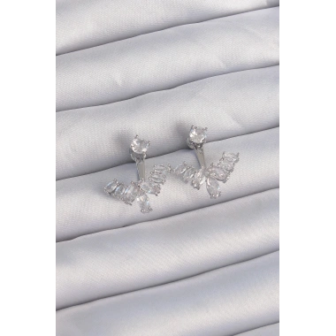 Mey İthalat® Pirinç Gümüş Renk Zirkon Taşlı V Model Küpe