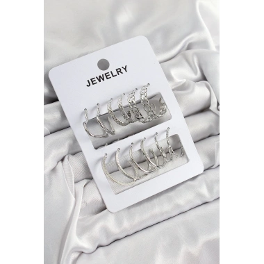 Mey İthalat® Pirinç Karışık Halka Model Gümüş Renk 6 Çift Kadın Küpe Set
