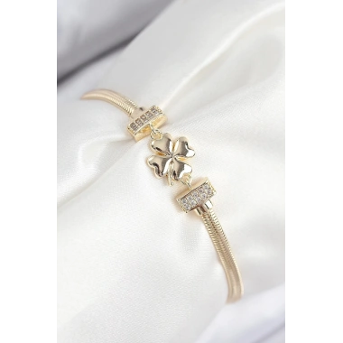Mey İthalat® Pirinç Zirkon Taşlı Yonca Model Gold Renk Kadın Bileklik