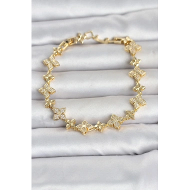 Mey İthalat® Pirinç Zirkon Taşlı Yonca Model Gold Renk Kadın Bileklik