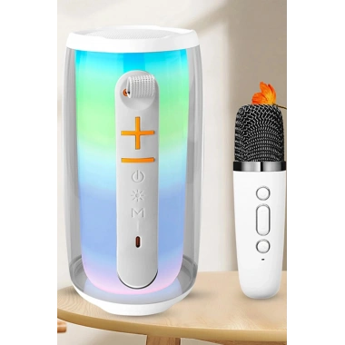 Mey İthalat® Pluse 6 Mikrofonlu RGB Kablosuz Hoparlör - Beyaz