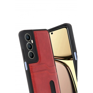 Mey İthalat® Realme C65 Sara Kartvizitli Deri Kılıf - Kırmızı
