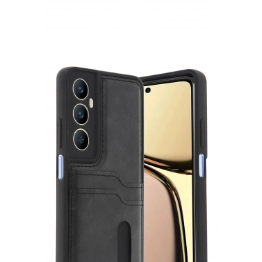 Mey İthalat® Realme C65 Sara Kartvizitli Deri Kılıf - Siyah